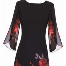 Damen Sommer Kleid Chiffon 3/4 Ärmel Loose Fit Casual Midi Cocktailkleid M Schwarz rot CL11125-23