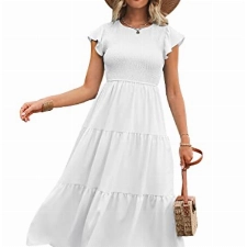 Damen Sommer Rundhals Flatterärmel Lang Kleid Gesmoktes Hohe Taille Maxikleid Gestuftes Rüschen A-Linie Sommerkleid Strandkleid 2023, Weiß, L