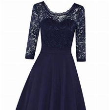 Damen Spitze Ärmellos Party Club Kurz Slim Abend Brautkleid Cocktail Ballkleid,3/4 Ärmel-dunkelblau,L