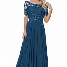 Damen Spitzen Abendkleider Chiffon Brautmutterkleider Lang Kurzarm Brautjungfernkleider Ballkleider A-Linie Tintenblau 50