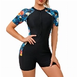 Damen Surfanzug Badeanzug mit Bein Reißverschluss Einteiler Kurzarm Rashguard UPF 50+ Bademode Surfen Schwimmanzug Blumen Bedruckt Bauchweg Sportlich Sonnenschutz Badebekleidung Schwarz + Blau S