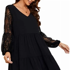 Damen Swing Kleid mit Taschen Sommer V-Ausschnitt Locker Fließendes Swing Shift Kleider Elegant Spleißkleid mit Spitze Laternenärmeln A-Linie Freizeitkleid Umstandskleid Festlich(XXL,Schwarz)