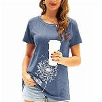 Damen T-Shirt Sommer Kurzarm Löwenzahn Drucken Rundhals Oberteile Casual Lose Bluse Shirt(Blau,M)