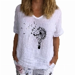 Damen Tops Casual Kurzarm Löwenzahn Bedrucktes T-Shirt V-Ausschnitt Baumwolle Leinen Lose Tunika Bluse (XXXL,Weiß)