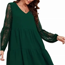 Damen Tunika Kleid mit Taschen Sommer V-Ausschnitt Locker Fließendes Swing Shift Kleider Elegant Spleißkleid mit Spitze Laternenärmeln A-Linie Freizeitkleid（XL,Grün）