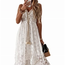 Damen V Ausschnitt ärmellos Strick Spitze Cutout Sling Maxikleid Rüschen Offener Rücken Unregelmäßiger Saum Vintage Partykleid Boho Solide Strandkleid, weiß, Medium