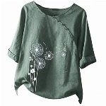 Damen Vintage Leinenbluse Sommer Kurzarm Oversize Oberteile Leinen Bluse Grosse Grössen Leinenoberteile Übergröße Tshirt Tunika Elegante Casual Pusteblume Druck Mode Lose T Shirt Pullover Tops
