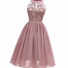 Damen Vintage Spitze Partykleid Elegant Hochzeit Brautkleid A Linie Neckholder Cocktailkleid Abendkleid Ärmellos Chiffon Sommerkleid Knielang Faltenkleid Altrosa S