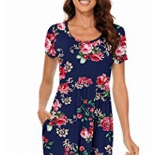 DEARCASE Damen Kurzarm Maxikleid Loose Freizeitkleid Sommerkleid Lässige Blumen Lange Strandkleid mit Taschen