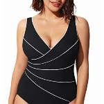 DELIMIRA Damen Badeanzug Bauchweg Große Größen V Ausschnitt Gepolsterte Einteiler Bademode Schwarz 36