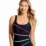 DELIMIRA Damen Badeanzug Einteiler Große Größen Bauchweg Figurformend - mit U-Ausschnitt und Gestreift Schwarz 44