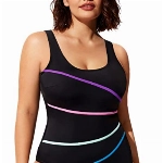 DELIMIRA Damen Badeanzug Große Größe Bauchweg Einteiler Bademode Figurformend U Ausschnitt Gestreift Schwarz 42