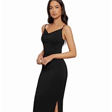 DIDK Damen Maxi Kleider Ärmellos Elegant Partykleid Freizeitkleid Spaghettiträger Maxikleid V-Ausschnitt Trägerkleid mit Schlitz Schwarz S
