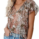 Dokotoo Damen Bluse Sommer Blumen Kurzarm Tunika Boho Lose V-Ausschnitt Oberteile T-Shirt Tops, Khaki, L