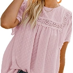 Dokotoo Damen Bluse Sommer Kurzarm Oberteile Spitzen Aushöhlen T-Shirt Elegant Rundhals Swiss Dot Chiffonblusen Shirts Tops, rosa, XXL