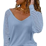 Dokotoo Damen Oberteile Himmelblau Streifen Mesh Langarmshirt Casual V-Ausschnitt Bluse Shirt Tops Medium