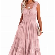 Dokotoo Kleid Damen Sommer Elegant Hohe Taille Einfarbig Schulterfrei A-Linien Midikleid Partykleid Freizeitkleid Dating-Kleid Sommerkleider Rosa XL