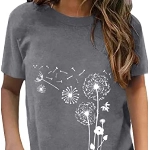 Dokotoo T-Shirt Damen Sommer Kurzarm Oberteile Grau Pusteblume Drucken Tee Tops Casual Rundhals Loose Shirts Blusen Small