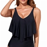 Donppa Damen Badekleid Volants Bauchweg Einteiliger Badeanzug V-Ausschnitt Bikini Bademode Bauchkontrolle Falbala Rüschen Schwarz L