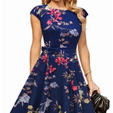DRESSTELLS 1950er Vintage Retro Cocktailkleid Rockabilly V-Ausschnitt Faltenrock Hochzeitskleid Midilang Navy Flower L