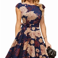 DRESSTELLS Damen Cocktailkleid Midilang Abendkleider elegant für Hochzeit Festlich Rockabilly Kleid Navy Yellow Flower S