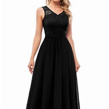 DRESSTELLS Damen Elegant Chiffon Abendkleid Maxilang Ohne Arm Spitzen Ballkleid Partykleid Festliches Damen Kleider Lang Black L