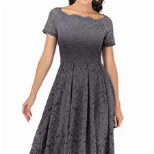 DRESSTELLS Damen Elegant FüR Hochzeit A Linie Spitzenkleid, Cocktailkleider Festlich, Knielang Abendkleider, Schulterfrei Abendkleider, kurzärmelig Swing Faltenrock, Grey S
