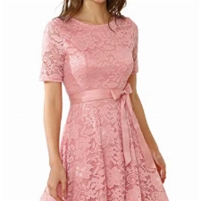 DRESSTELLS Damen Rundausschnitt Brautjungfernkleid Rosa Abendkleid Kurz Spizten Cocktailkleid Knielang Blush 3XL