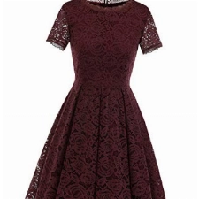 DRESSTELLS Damen Spitzenkleid brautmütter Kleider, Knielang Elegant Brautjungfer Cocktailkleid, Rockabilly Floral Kleid Kurzarm Burgundy M