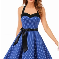 DRESSTELLS Kleid 50er Jahre Damen Neckholder 1950er Vintage Retro Polka Dots Kleid Cocktailkleid Knielang Royal Blue Small White Dot M