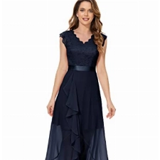 Dressystar Damen Elegant Abendkleider Hochzeit Party V-Ausschnitt Cocktailkleid Maxi Lang Brautjunferkleid Marineblau L