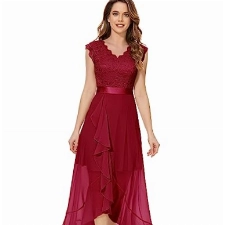 Dressystar Damen Elegant Abendkleider Hochzeit Party V-Ausschnitt Cocktailkleid Maxi Lang Brautjunferkleid Dunkelrot L