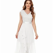 Dressystar Damen Elegant Abendkleider Hochzeit V-Ausschnitt Cocktailkleid Maxi Lang Brautkleid Standesamt Weiß L