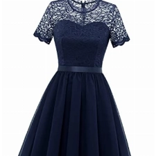Dressystar Damen Elegant Abendkleider mit Ärmeln Knielang Cocktailkleider Rundausschnitt Partykleid LF22 Marineblau L