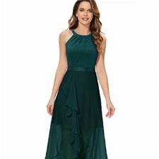 Dressystar Damen Elegant Abendkleider Spitzenkleid Maxi Lang Cocktailkleid Elegant für Hochzeit Rüschen Saum Dunkelgrün L