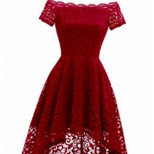 Dressystar Damen Elegant Spitzenkleider Vokuhila Schulterfrei Ballkleid Abendkleid Hochzeit Cocktailkleider Dunkelrot XXL