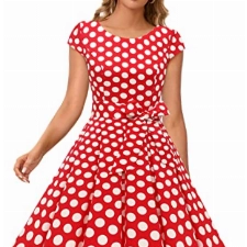 Dressystar Damen Vintage 50er Cap Sleeves Dot Einfarbig Rockabilly Swing Kleider Rot Weiß Dot B S