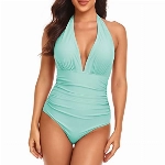 DRILEND Sport Badeanzug Damen, Damen Badeanzug Strandmode Damen Einfarbig Einteiliger Badeanzug Mit Plissiertem Halsausschnitt Badeanzug Damen Moslemisch Badeanzug Wassergymnastik(Cyan,M)