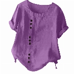 Dyhxuan Baumwoll Leinen Bluse für Damen Shirts Sommer Kurzarm T-Shirt Lässige Einfarbige Oberteile Pullover mit einfachem Muster Knopf Hemden Lose Blusentops in Übergröße Rundhals Tshirt S-5XL