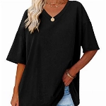 Ebifin Damen Oversize T Shirt mit V-Ausschnitt Kurzärmeliges Casual Lockere Basic Sommer Tee Shirts Bluse.Schwarz.XL