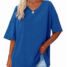 Ebifin Damen Oversize T Shirt mit V-Ausschnitt Kurzärmeliges Casual Lockere Basic Sommer Tee Shirts Bluse.Blau.XXL