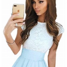 ECOWISH Sommerkleid Spitze Kleid Damen Cocktailkleid Festlich Partykleid A Linie Ärmellos Knielang,Hellblau,S