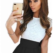 ECOWISH Sommerkleid Spitze Kleid Damen Cocktailkleid Festlich Partykleid A Linie Ärmellos Knielang,Schwarz,M