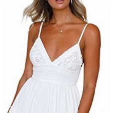 ECOWISH V Ausschnitt Kleid Damen Spitzenkleid Träger Rückenfreies Kleider Sommerkleider Strandkleider Weiß S