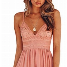 ECOWISH V Ausschnitt Kleid Damen Spitzenkleid Träger Rückenfreies Kleider Sommerkleider Strandkleider Rosa-1 S