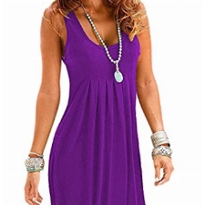 EFOFEI Damen Einfaches Bequemes Kleid Faltenrock Lässige Strandkleid Sommer Shirtkleider Urlaubskleid Ärmellos Freizeitkleid Violett M