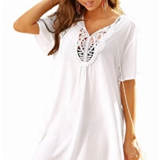 Ekouaer Spitze Strandkleid Damen Kurz Sexy Strandtunika Strandponcho V Ausschnitt Longbluse Elegant Weiß XL