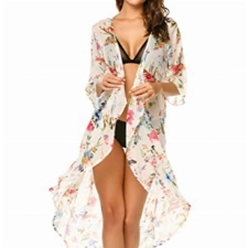 Ekouaer Strandponcho Damen Sonnendurchlässig Pareos Strandkleider Sommer Bikini Cover Up Lang Kimono Cardigan Chiffon, Weiß, L