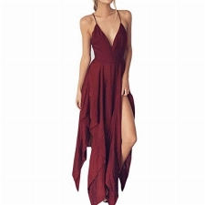 Elecenty Damen Strandkleid Sommerkleid Kleider Tief V-Ausschnitt Irregulär Rock Frauen Ärmellos Mode Kleid Kleidung Backless Partykleid Abendkleider Boho Chiffon Cocktailkleider (S, Rot)