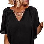 Elegancity Schwarz Bluse Damen Chiffon Hemd V Ausschnitt Tunika Trompetenärmel Kurzarm mit Rüsche Elegant Einfarbig Sommer Blusen M